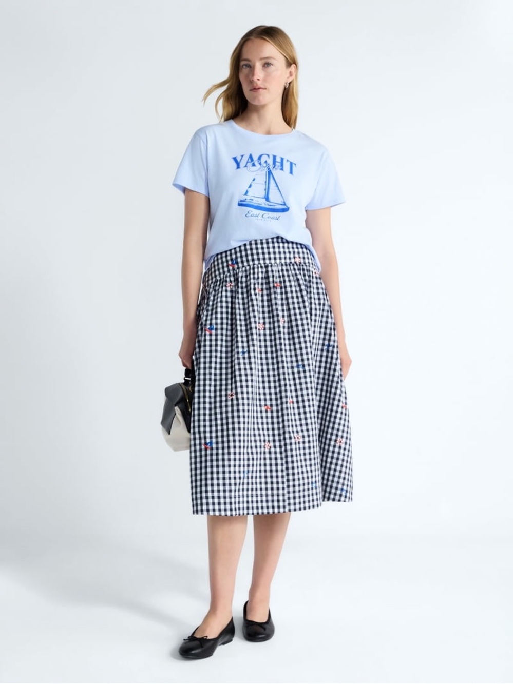 Gingham Midi Skirt in Black and White with Embroidered Accents